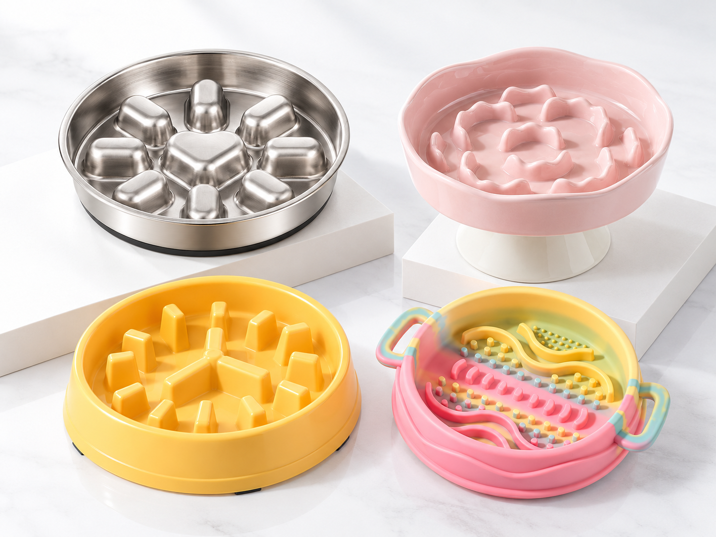 Pet slow feeder bowls in stainless steel, ceramic, plastic and silicone, with different feeding structures.