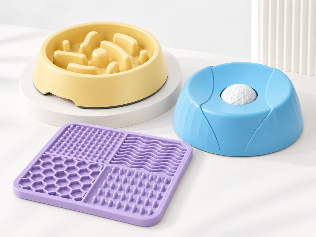 Pet slow feeder bowls and a textured lick mat.