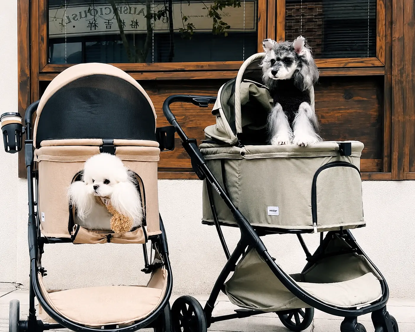 Two dogs sitting in separate pet strollers with raised handles.