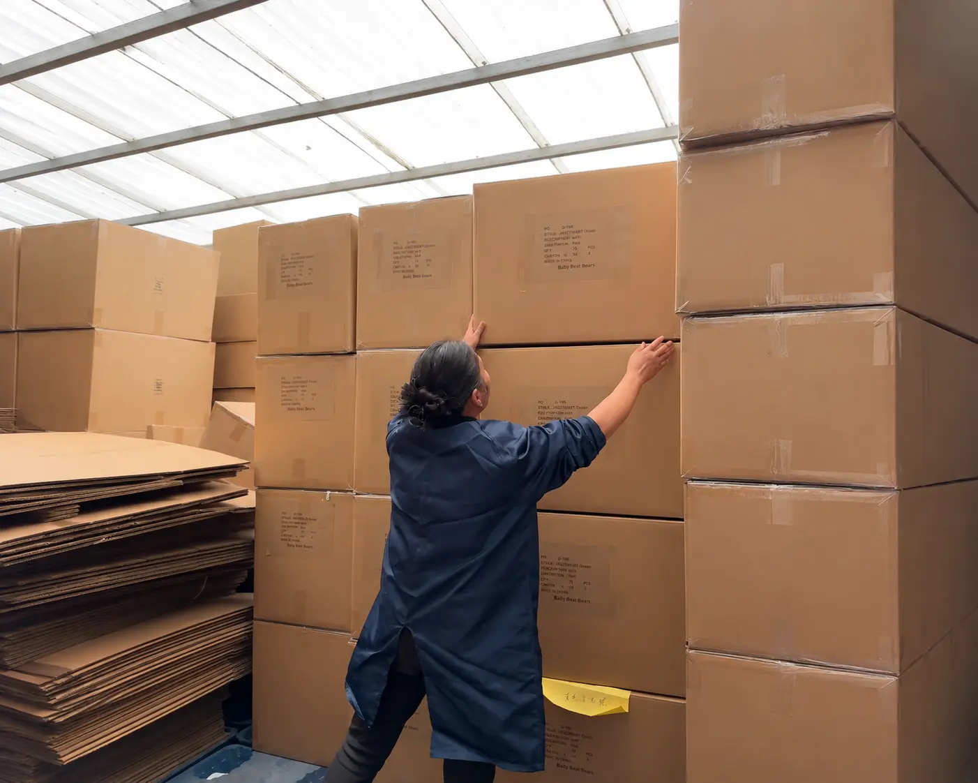 Worker checking shipping cartons in the pet supplies order review section.