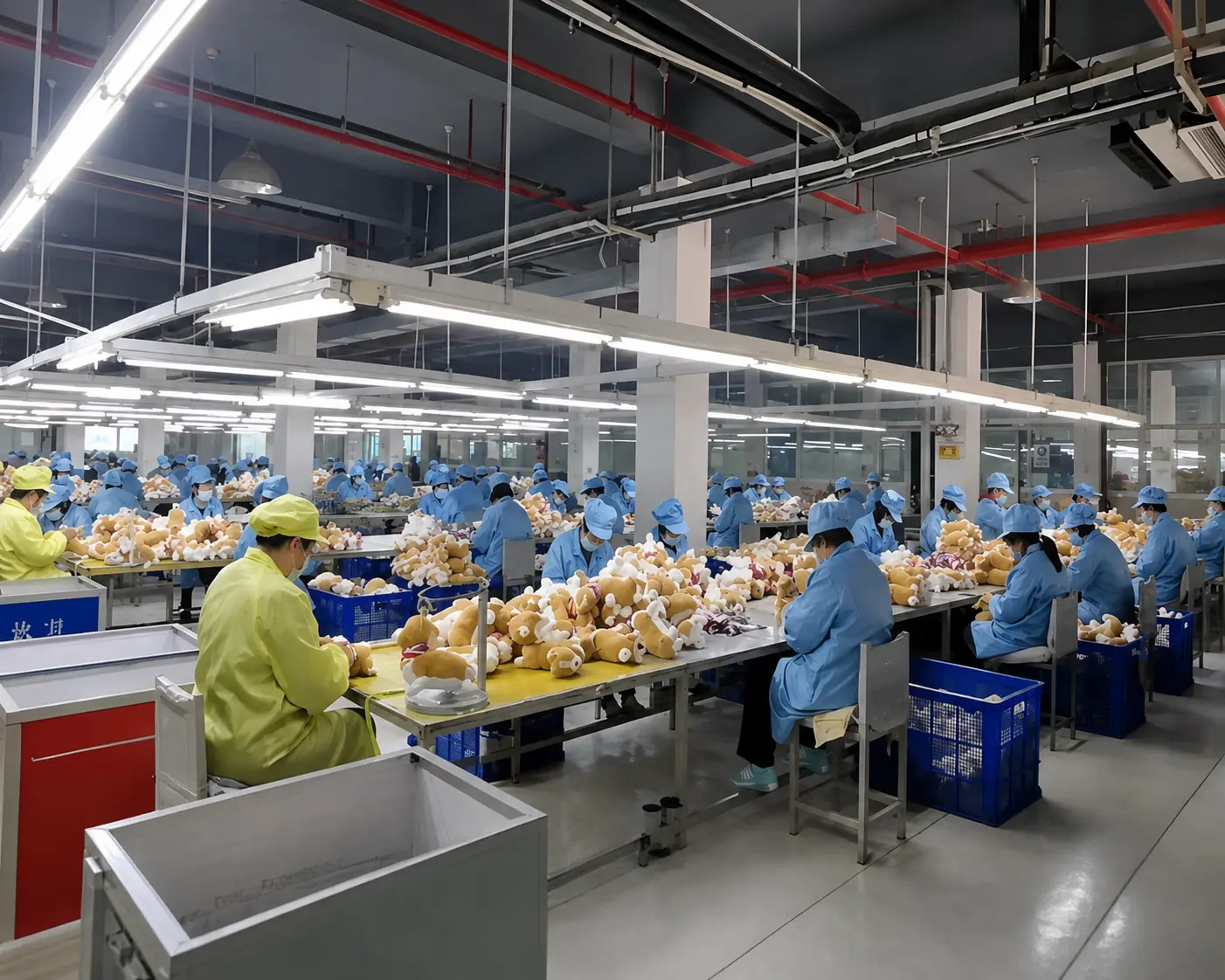 Workers handling pet toys and packaging on a production line.