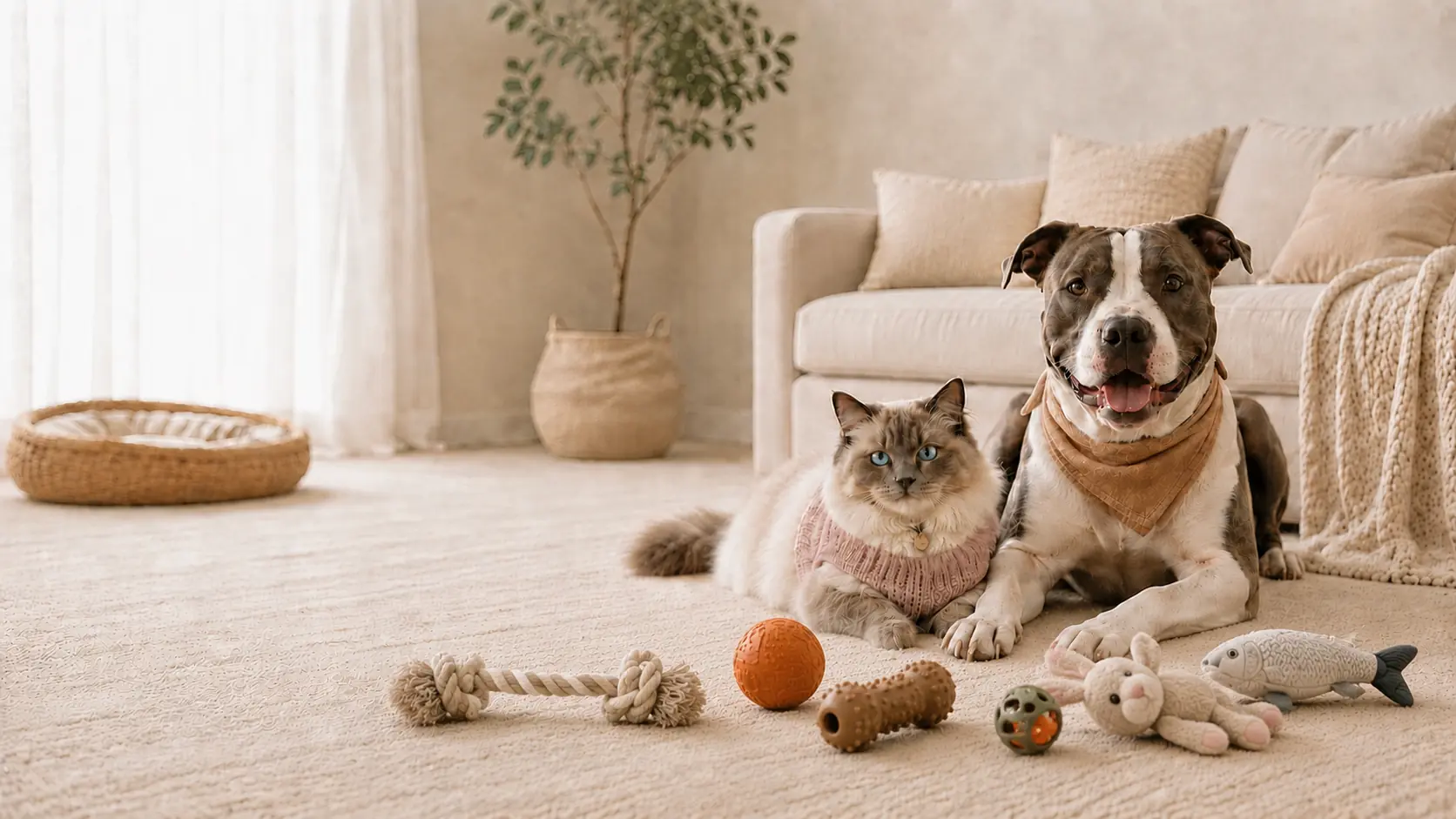Dog and cat sitting beside assorted pet toys in a living room.
