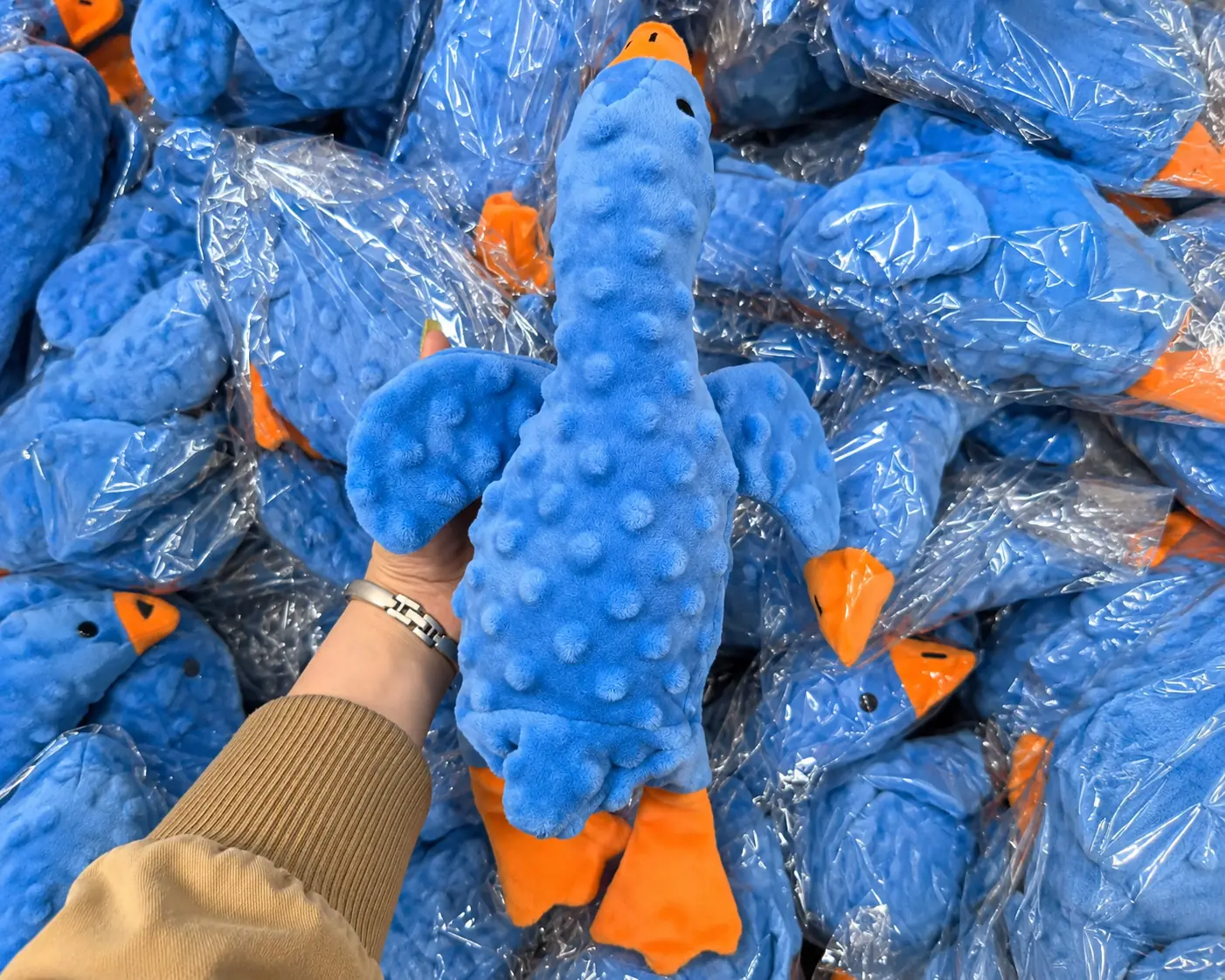 Blue plush dog toy being checked beside matching toys in protective bags.