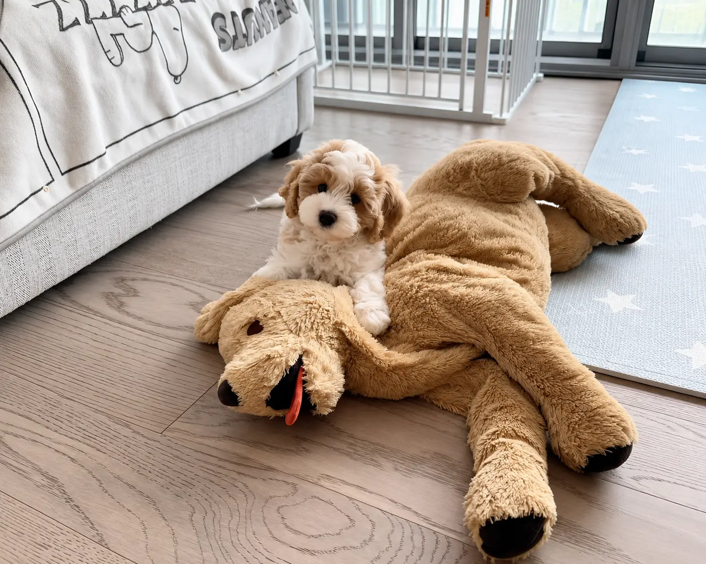 Small dog resting on a large plush dog toy.