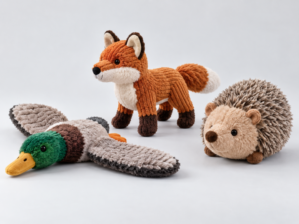 Fox, duck and hedgehog plush dog toys on a white background.