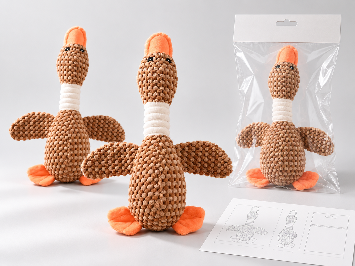 Matching brown plush duck dog toy samples, with one sample in clear retail packaging.