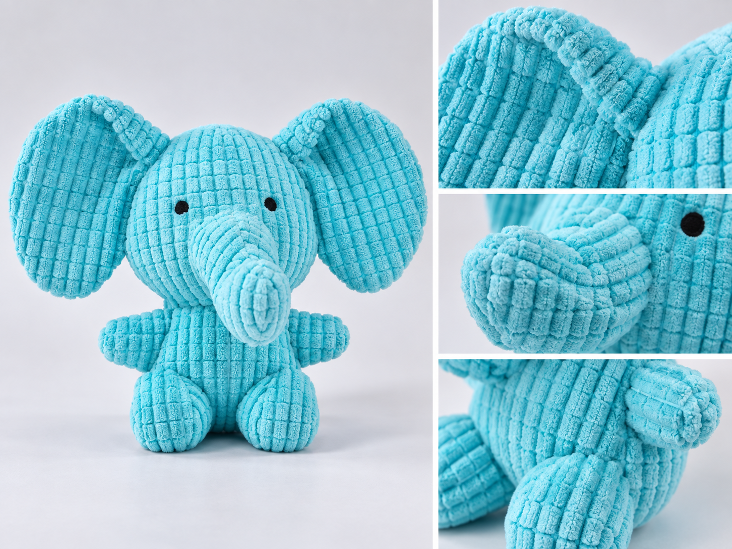 Teal elephant plush dog toy with close-up views of stitching and attached parts.