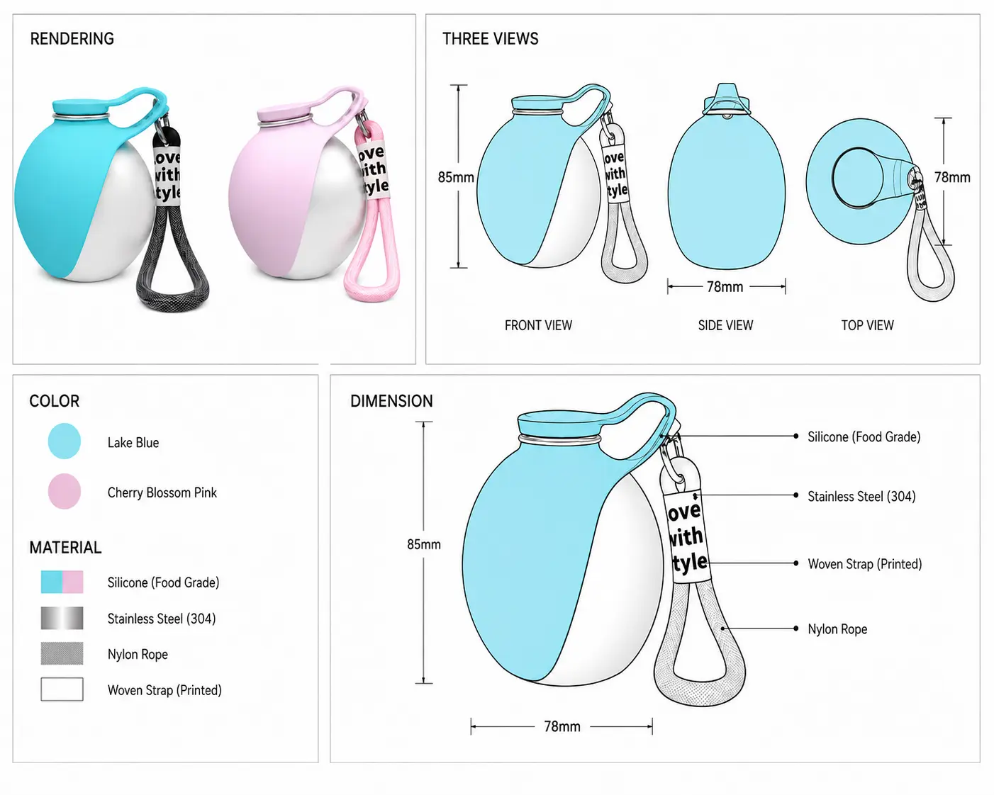 Portable pet water bottle design sheet showing blue and pink covers, carrying straps, dimensions and several product views.