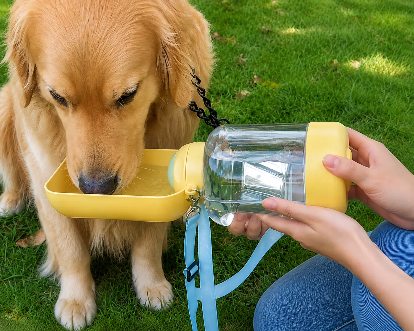 Golden retriever drinking from the yellow trough of a portable pet water bottle.