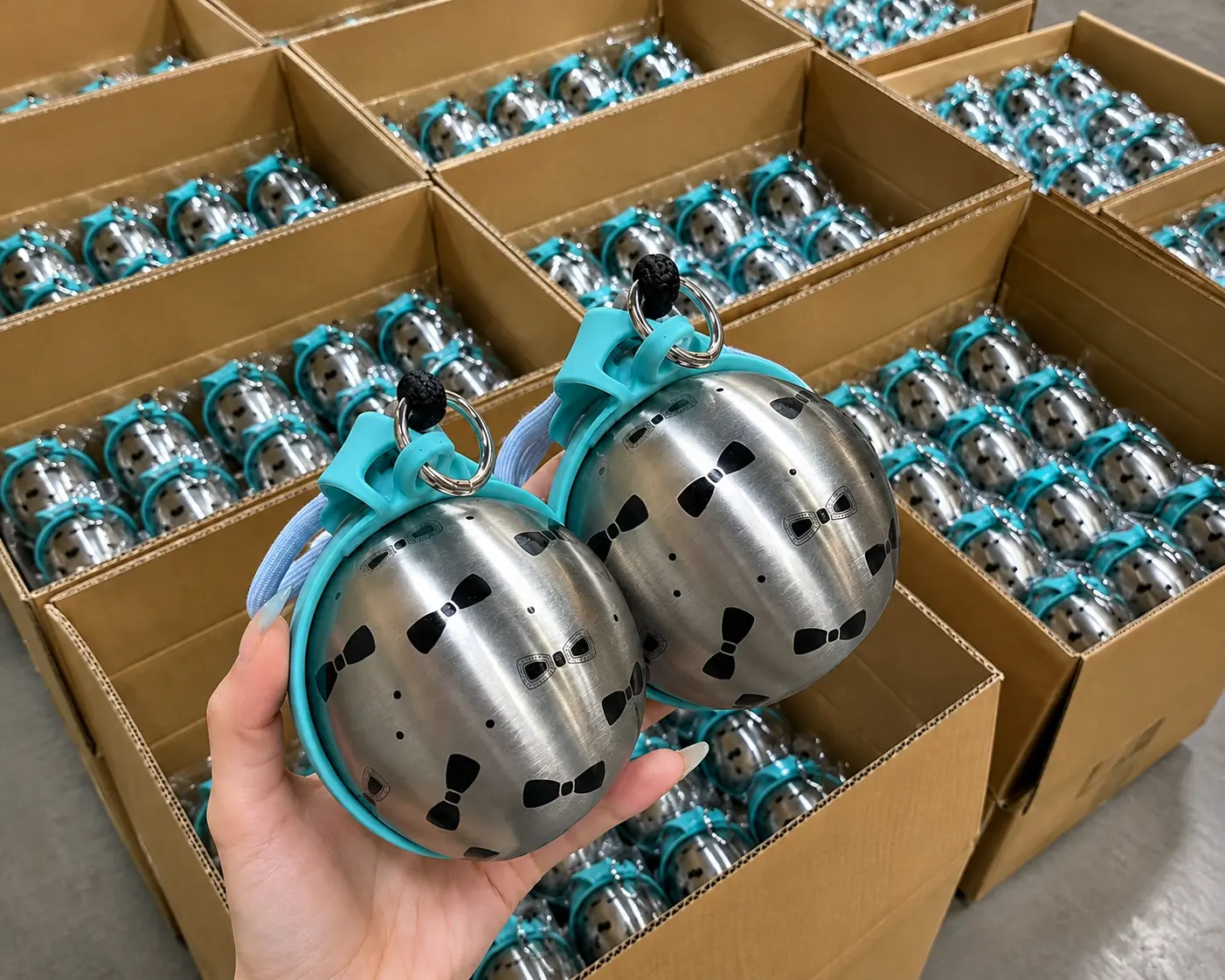Portable pet water bottles with blue covers and patterned metal bodies, individually bagged in shipping cartons.
